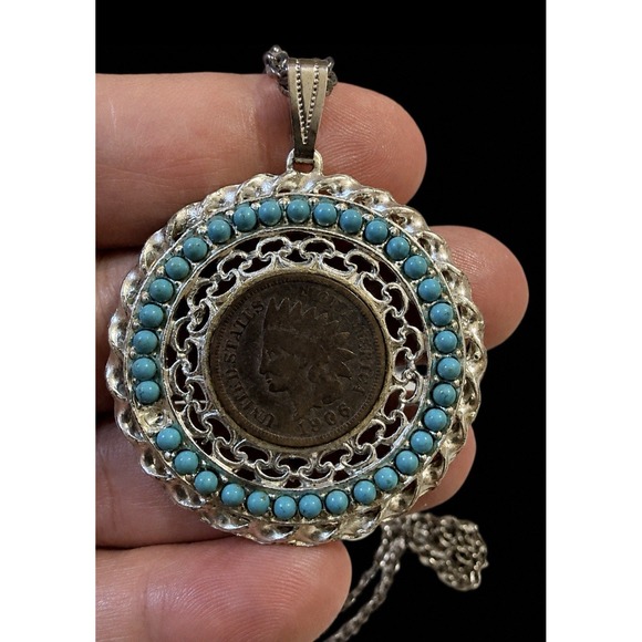 Jewelry - T20157-Vintage 1906 Indian Head Penny Coin Pendant Necklace Turquoise Beads 22"